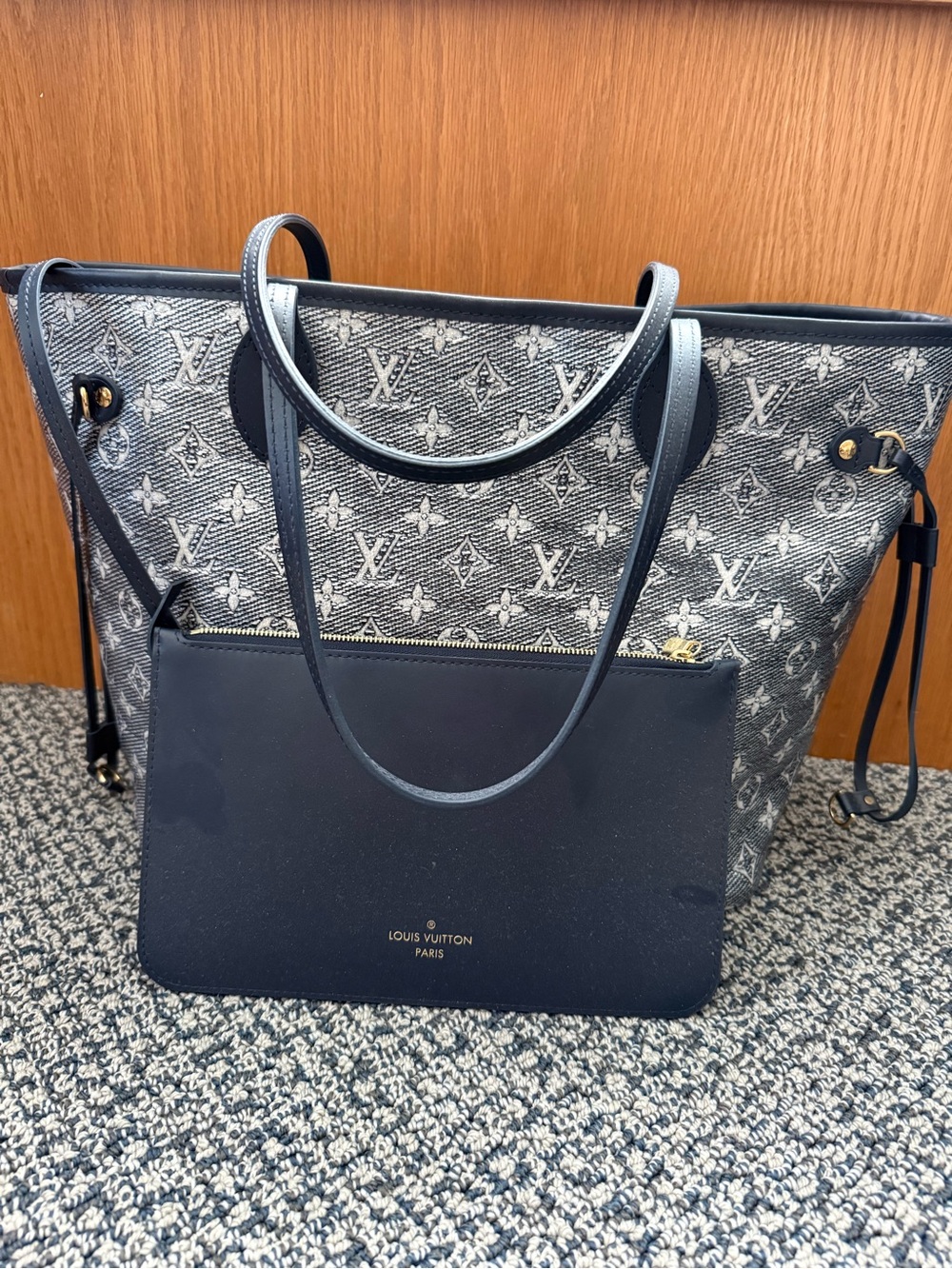 Louis Vuitton Limited Edition Blue Metallic Neverfull Canvas Tote with Pouch